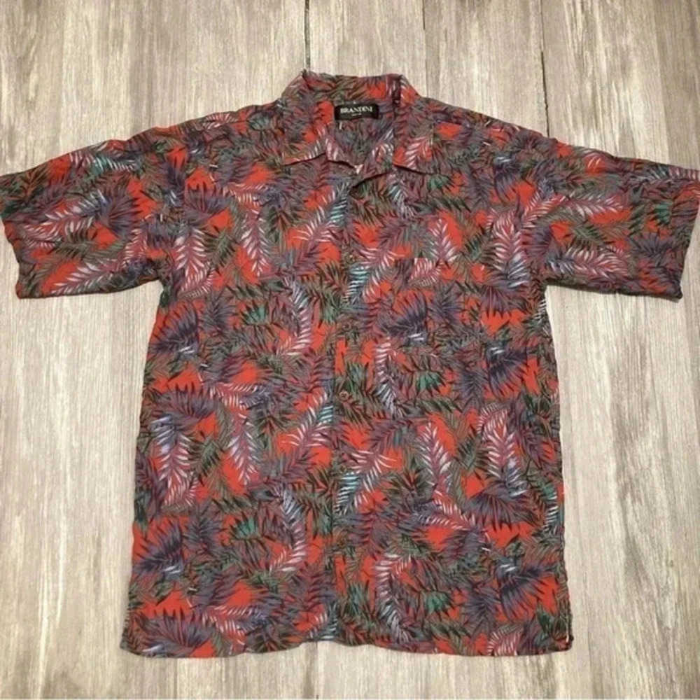 Brandini Shirt Men XL Red Floral Pure Silk Hawaiian Short Sleeve Button‎ Down